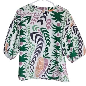 OLIPHANT 100% Cotton Floral Patterned Women's Short Puff Sleeve Top